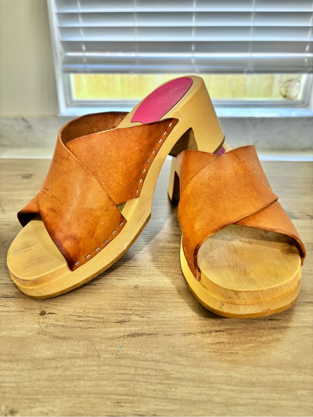 Swedish Hasbeens Anette High Tan Crossband Leather Clogs - Picture 7 of 16